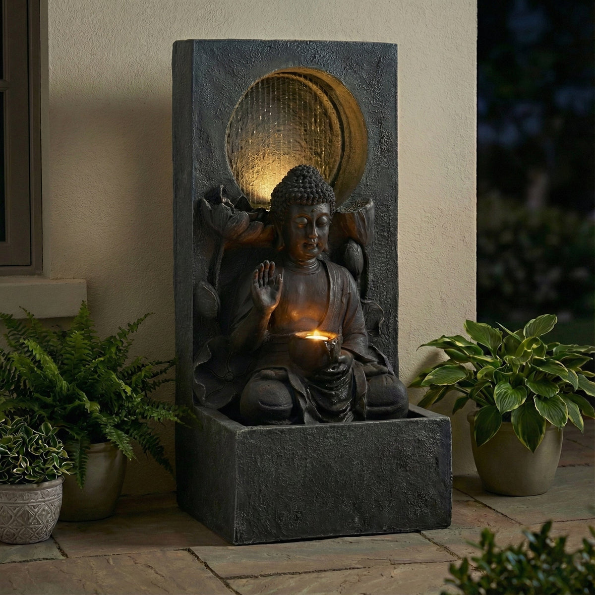 Resin Buddha Wall Panel Outdoor Fountain 28 Inch LED, photo 3 of 10