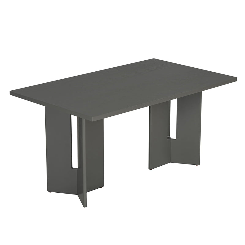 Dining Table Set With 6 Upholstered Chairs, Rectangular Table With Cutout Legs