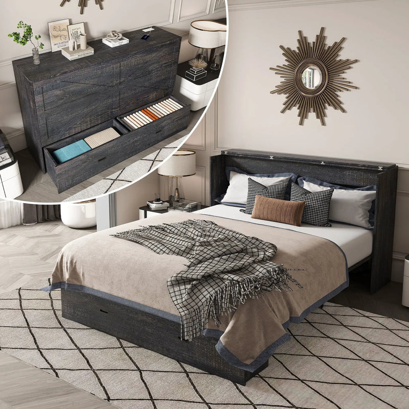 Murphy Bed With Storage Drawers And Charging Cabinet, Foldable Panels, Swivel Wheels by HouseOfZazla