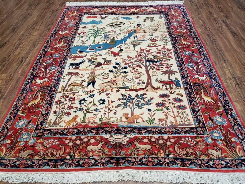 Antique Persian Isfahan Rug 5x7, Animal and Human Pictorials, Hand Knotted Fine Oriental Wool Carpet, Cream and Red, High KPSI, Vintage Rug 5 x 7 ft by Jewel Rugs