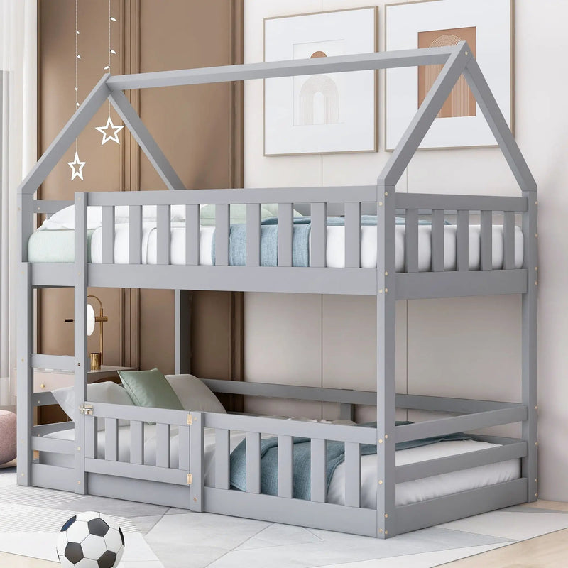 Twin Over Twin House Bunk Bed With Fence And Door by HouseOfZazla