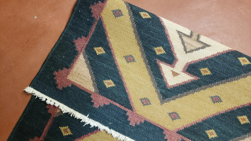 Vintage Indian Kilim Runner Rug, Geometric Flatweave Hand-Knotted Wool Kitchen Hallway Runner, Black Gold & Beige, 2' 8" x 9' 9" by Jewel Rugs