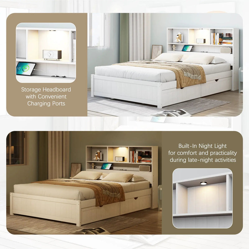 Platform Bed With Bookcase Headboard, Built-In Downlight, Charging Station, And 2 Side Drawers by Unique Piece Furniture
