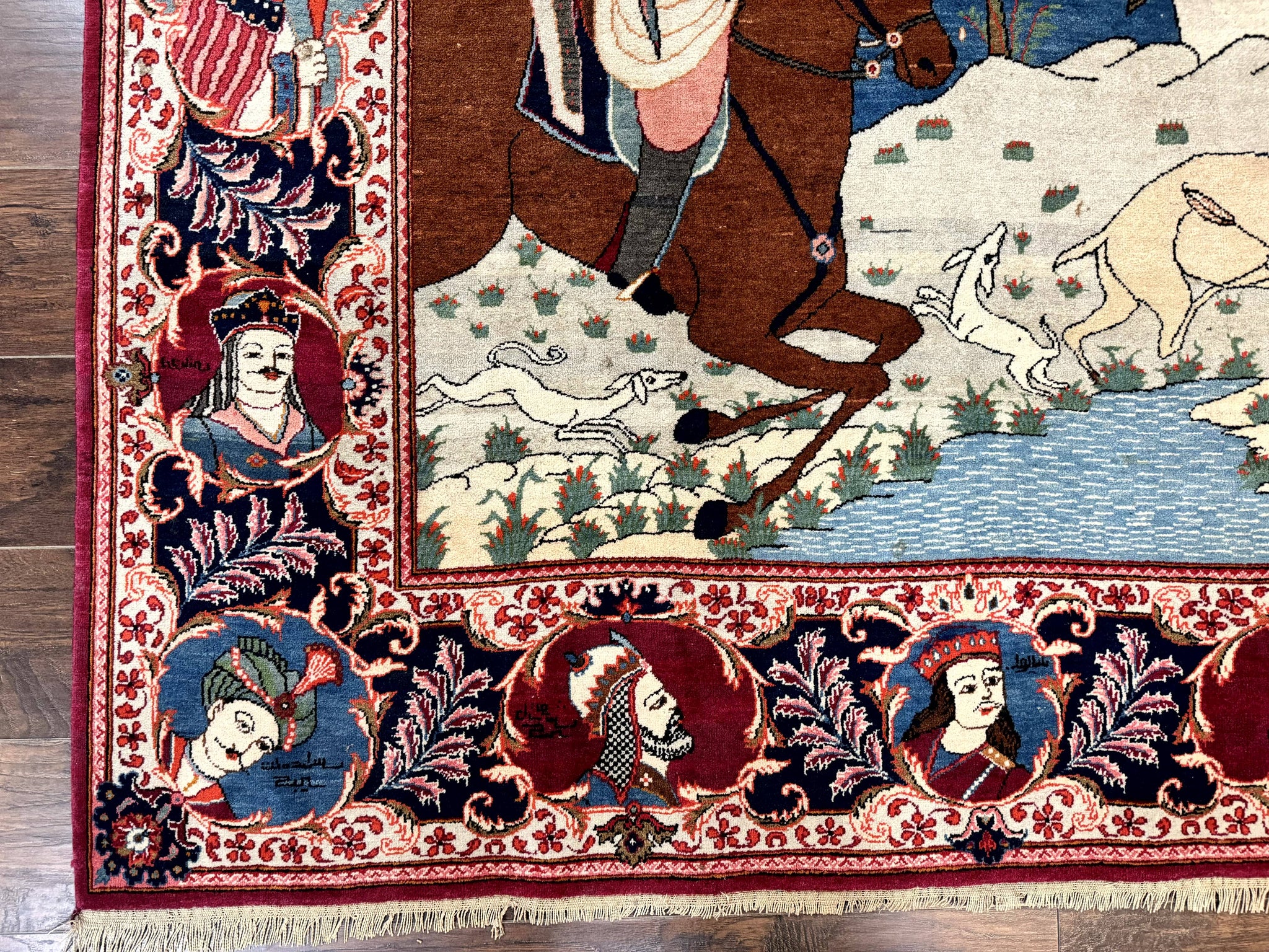 Rare Persian Kashan Pictorial Rug 6x9, King Bahram Hunting Scene, Persian Kings, Hand Knotted Persian Rug for Wall Hanging, Antique, Wool by Jewel Rugs