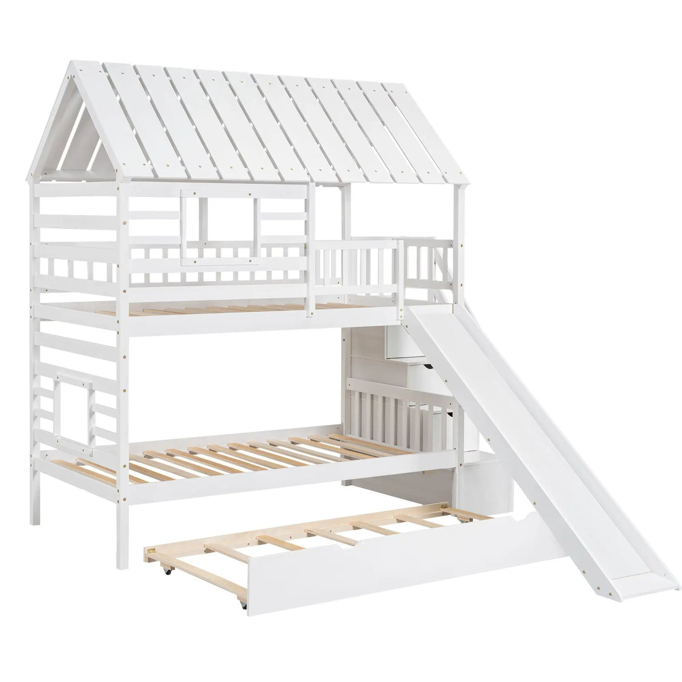 House Bunk Bed With Trundle, Storage Staircase, Roof And Window Design by HouseOfZazla