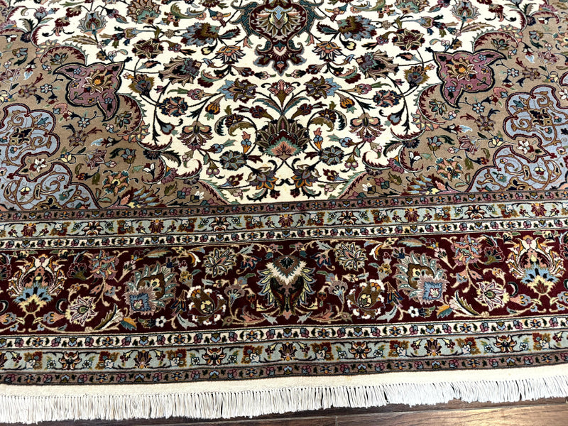 Persian Tabriz Rug 8x11, Floral Medallion Traditional Area Rug, Fine 300 KPSI, Ivory Maroon by Jewel Rugs
