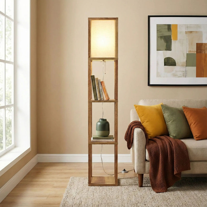 Pinnacle - Shelf Floor Lamp For Bedroom / Living Room, Long Shade - Natural Wood / White by Unique Piece Furniture