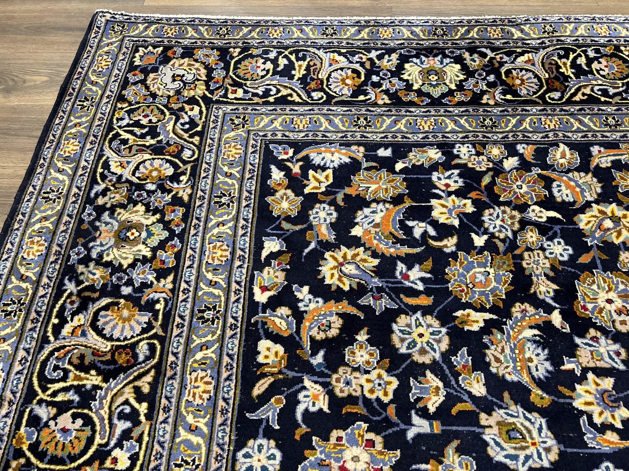 Wonderful Navy Blue Persian Kashan Rug 11x13, Allover Floral Design with Central Medallion, Wool Hand-Knotted Antique Carpet, Signed Rabani Rug by Jewel Rugs