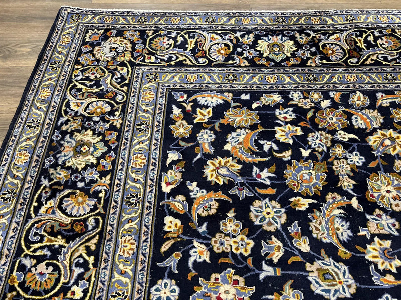 Wonderful Navy Blue Persian Kashan Rug 11x13, Allover Floral Design with Central Medallion, Wool Hand-Knotted Antique Carpet, Signed Rabani Rug by Jewel Rugs