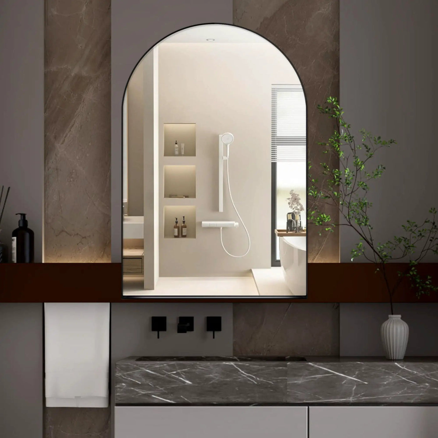 Arched Recessed Medicine Cabinet, Metal Framed Bathroom Wall Cabinet With Mirror And Adjustable Shelves, Wall Mirror With Storage For Bathroom by Unique Piece Furniture