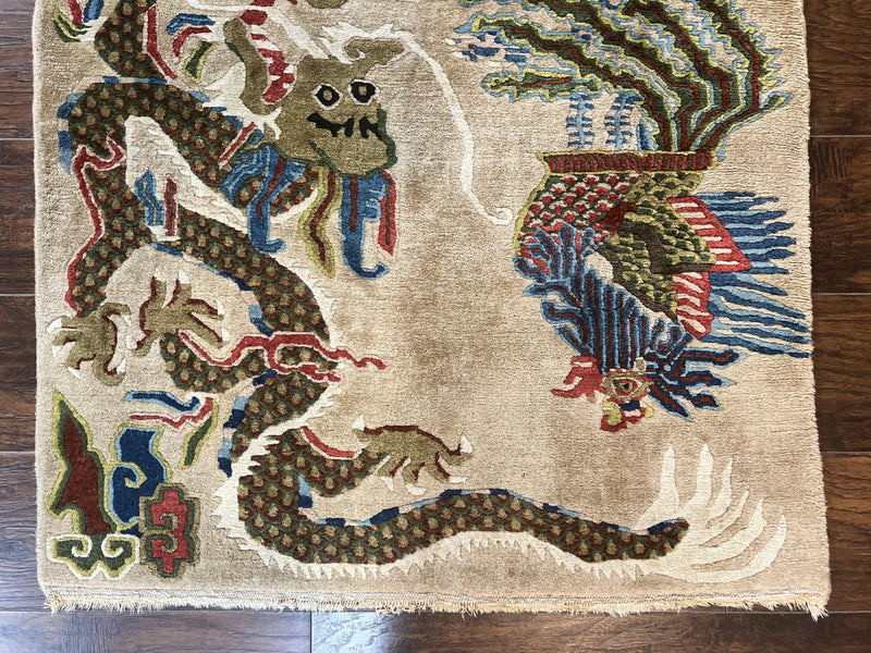 Antique Chinese Peking Rug 3 x 5.6, Dragon Motifs, Handmade Wool Asian Oriental Carpet by Jewel Rugs