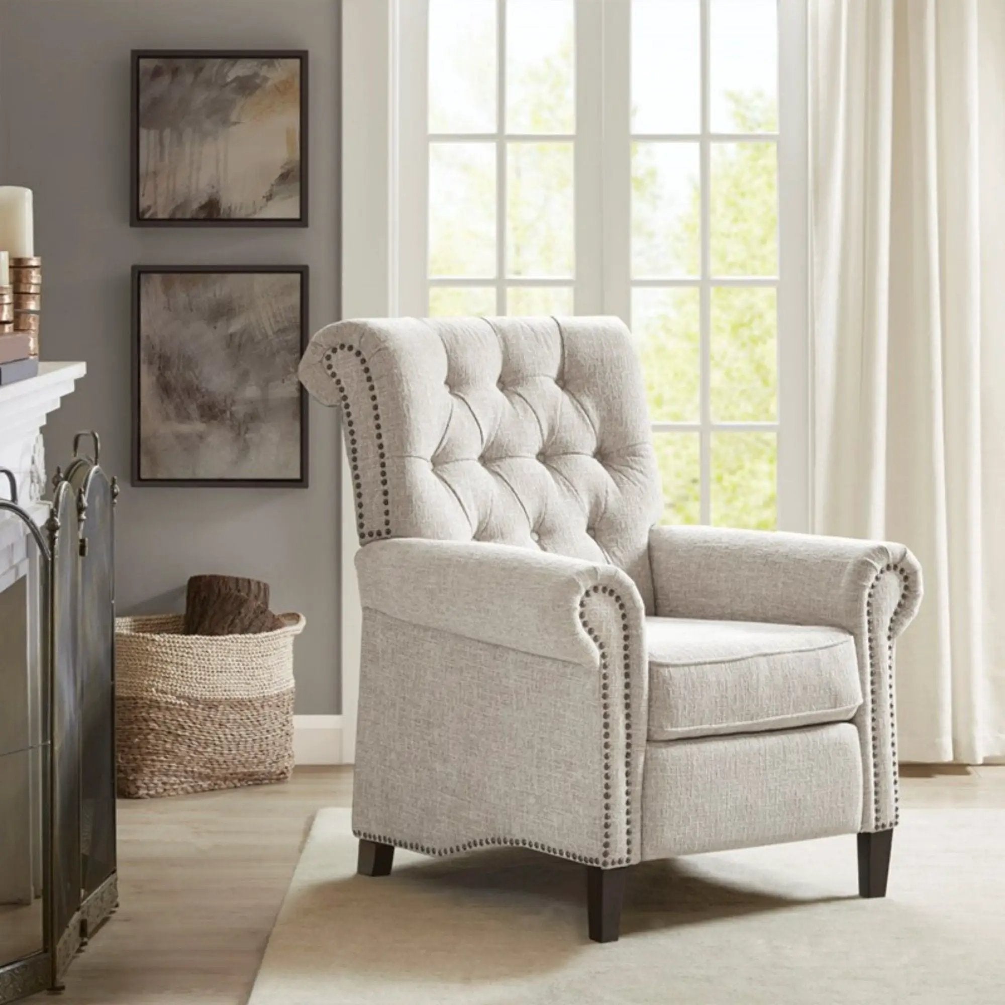 Aidan - Push Back Recliner Chair With Tufted Back And Nailhead Trim - Cream by HouseOfZazla