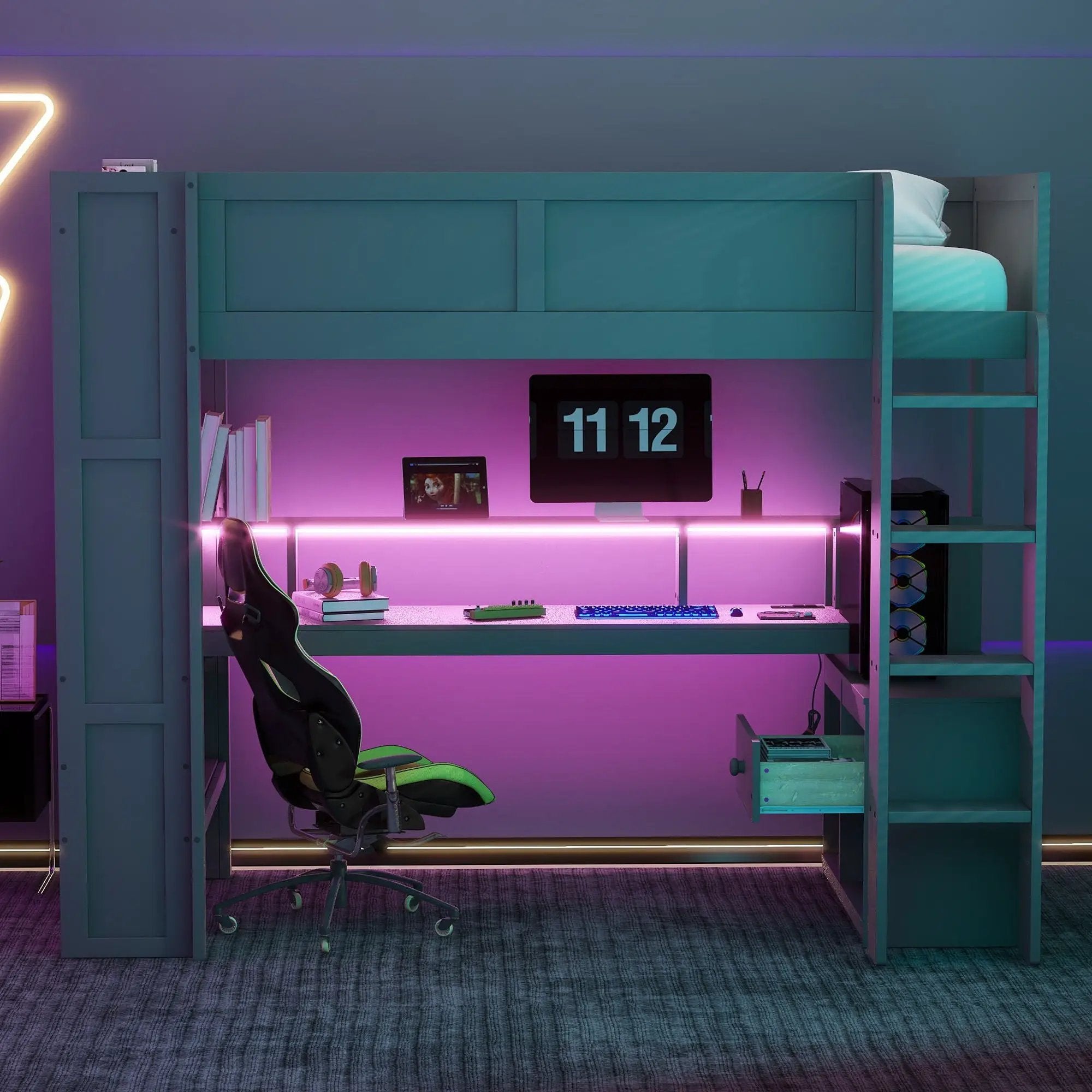 Gaming Loft Bed With Desk, Multi Storage Shelves, LED And Charging Station by Unique Piece Furniture