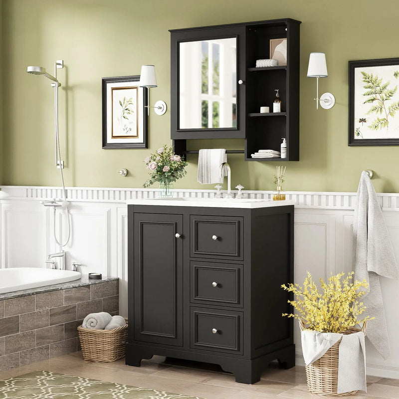 Bathroom Vanity With Sink, Modern Elegant Bathroom Storage Cabinet With 3 Drawers And Adjustable Shelves, Freestanding Vanity Set With Mirror Cabinet, Single Sink Bathroom Vanity by HouseOfZazla