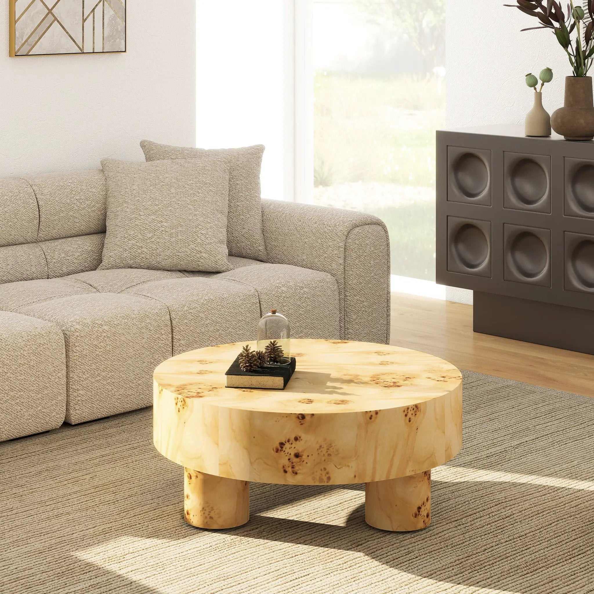 Nebula 35.5' Round Pillar Leg Coffee Table Warm Natural Brown Burl Wood by HouseOfZazla