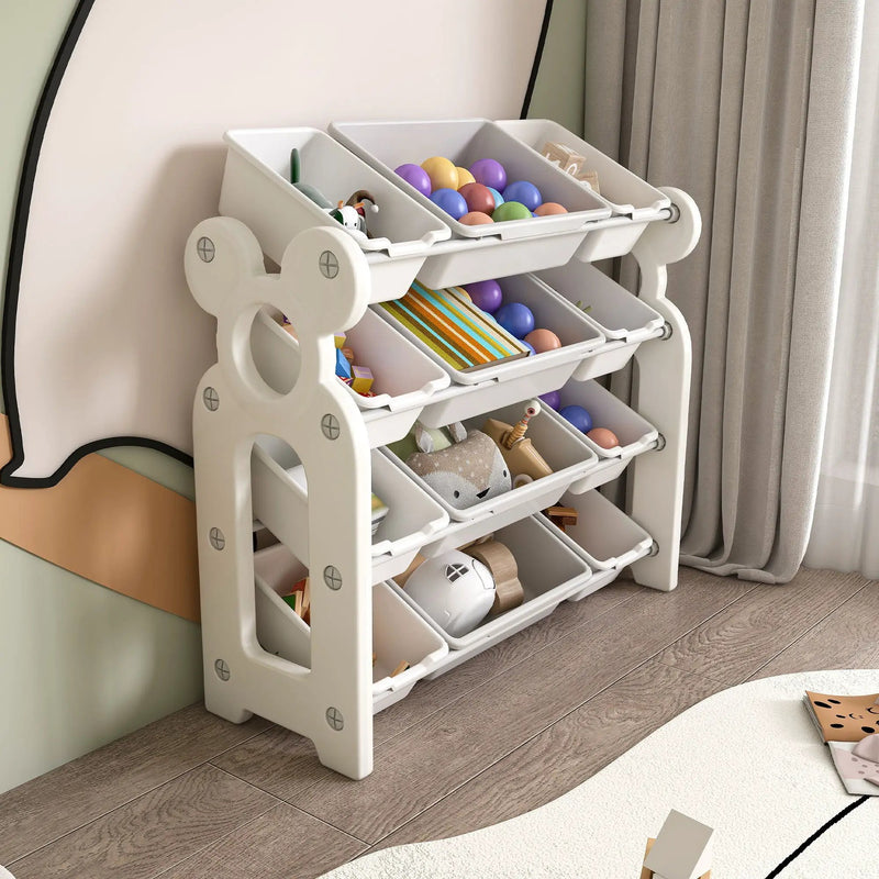 Multi Functional Kids Toy Storage Organizer Cabinet With Hdpe Shelf And 12 Bins - Gray White by Unique Piece Furniture