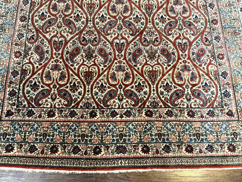 Unique Persian Qum Rug 5x7, Repeated Paisely Boteh Design, Ivory Red Blue, Handmade Antique Wool Persian Carpet, Finely Hand Knotted by Jewel Rugs