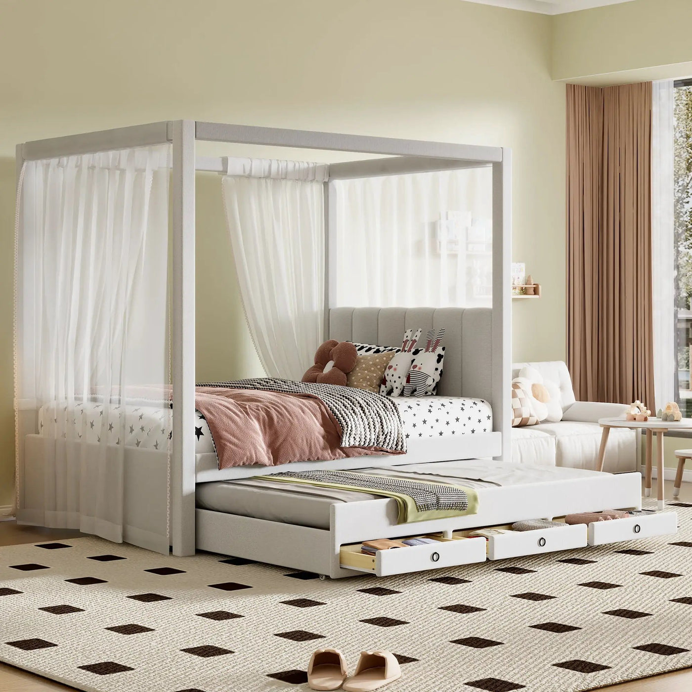 Upholstery Canopy Platform Bed With Trundle And Three Storage Drawers by Unique Piece Furniture
