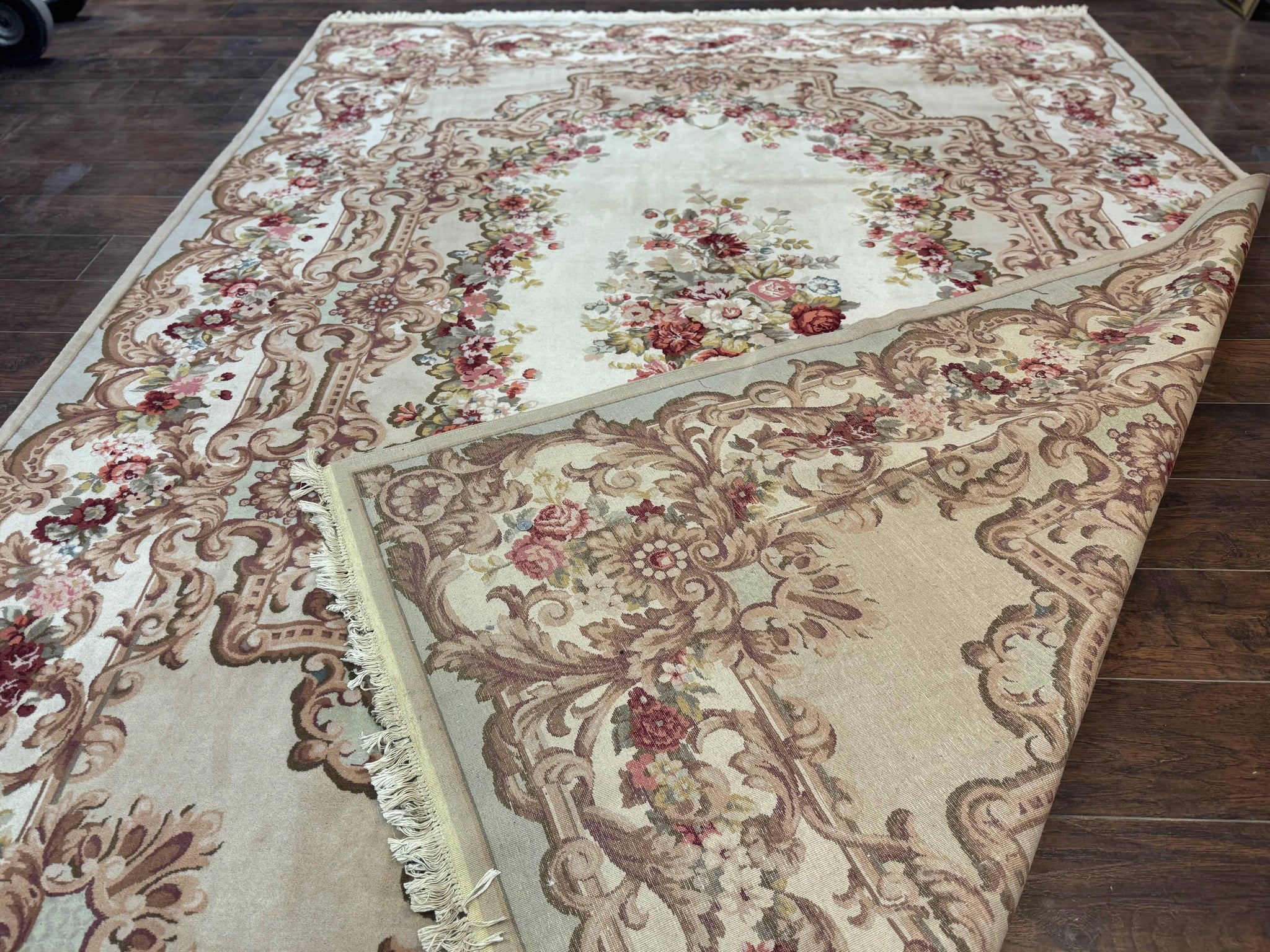 Aubusson Rug 8x12, European French Savonnerie Design, Thick Wool Pile, Elegant Rug, Cream Beige Light Green by Jewel Rugs