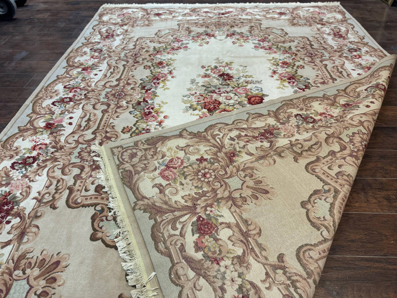 Aubusson Rug 8x12, European French Savonnerie Design, Thick Wool Pile, Elegant Rug, Cream Beige Light Green by Jewel Rugs