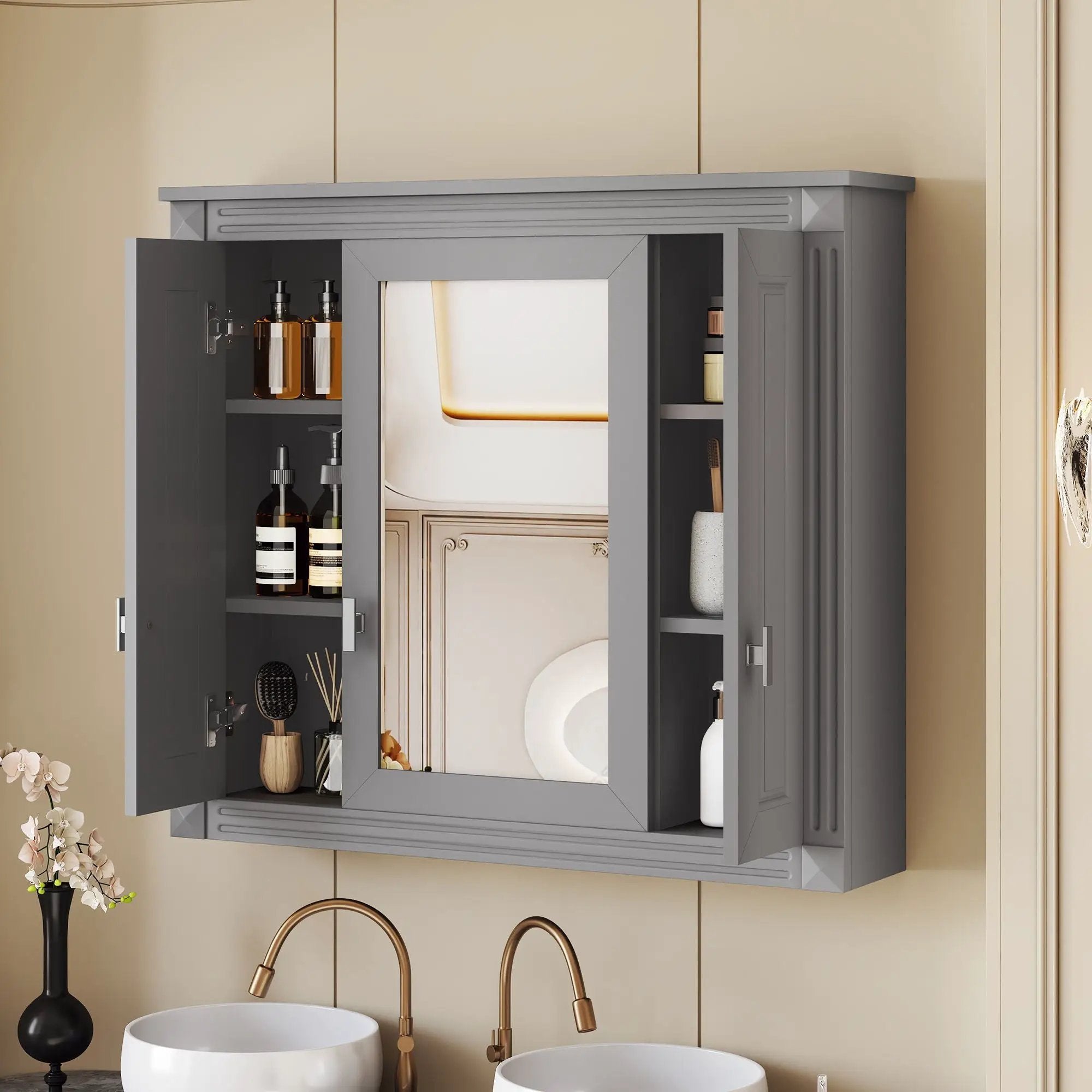 Wall Mounted Bathroom Cabinet With Mirror And 4 Shelves, Rectangular Design - Gray by Unique Piece Furniture