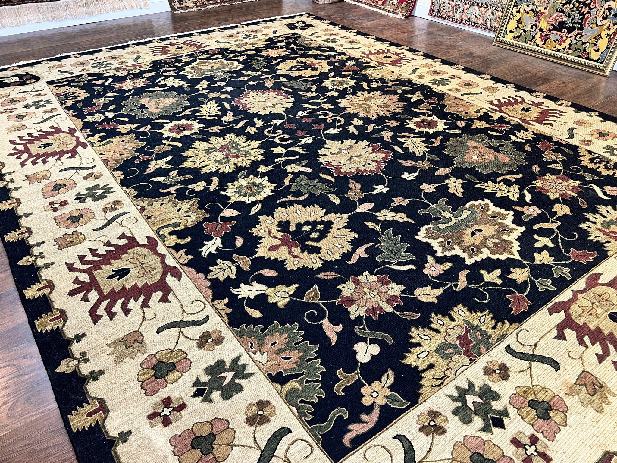Indo Persian Rug 10x14, Wool Handmade Room Sized Floral Oriental Carpet, Indian Mahal Flatweave Rug, Black Beige by Jewel Rugs