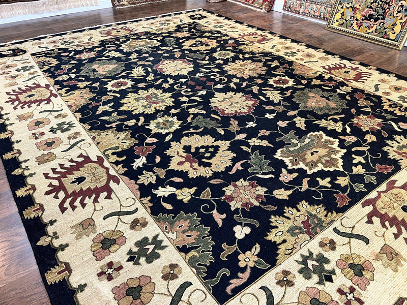 Indo Persian Rug 10x14, Wool Handmade Room Sized Floral Oriental Carpet, Indian Mahal Flatweave Rug, Black Beige by Jewel Rugs