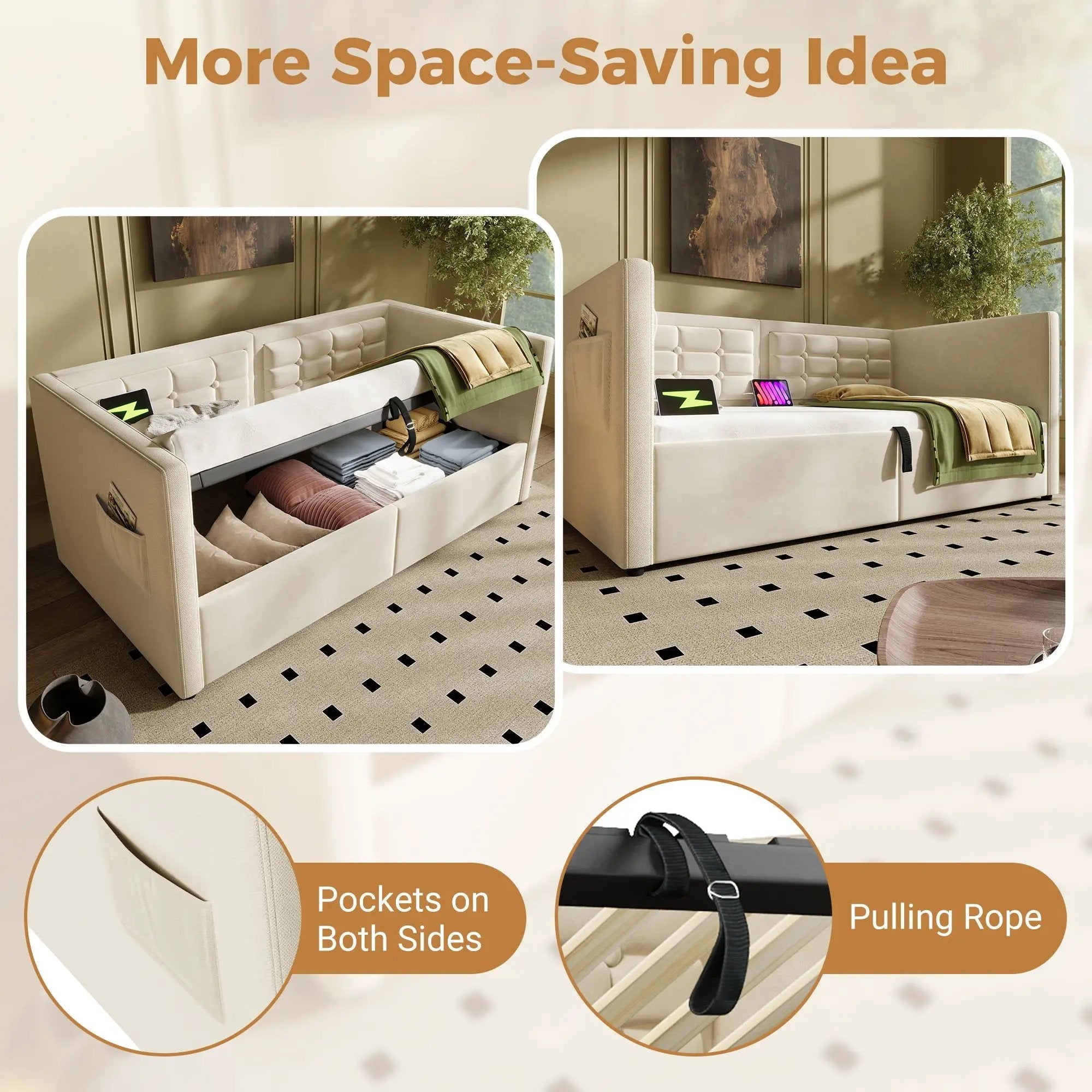 Upholstered Hydraulic Storage Daybed With USB & Type C Charging by HouseOfZazla