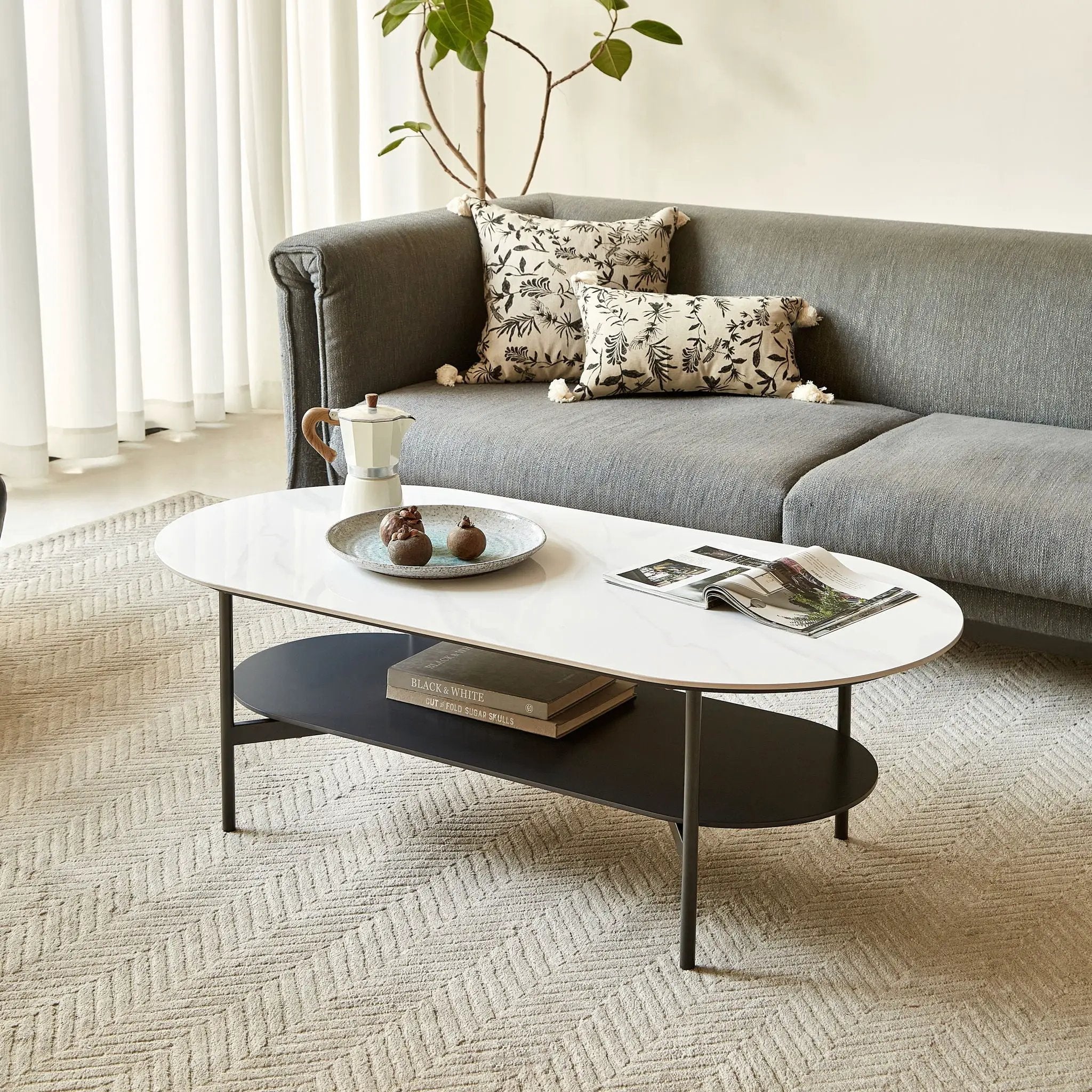 Contemporary Coffee Table Sintered Stone Surface With Ceramic Finish Double Layer Design Base Matte Shelf Modern Living Room Center Table - White / Gray by Unique Piece Furniture