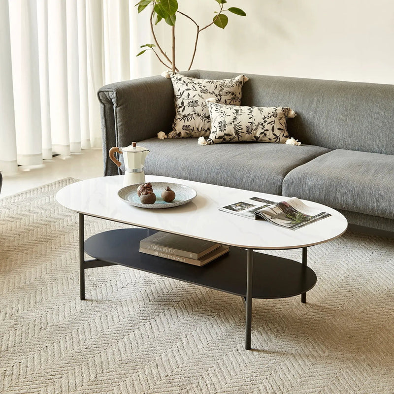 Contemporary Coffee Table Sintered Stone Surface With Ceramic Finish Double Layer Design Base Matte Shelf Modern Living Room Center Table - White / Gray by HouseOfZazla