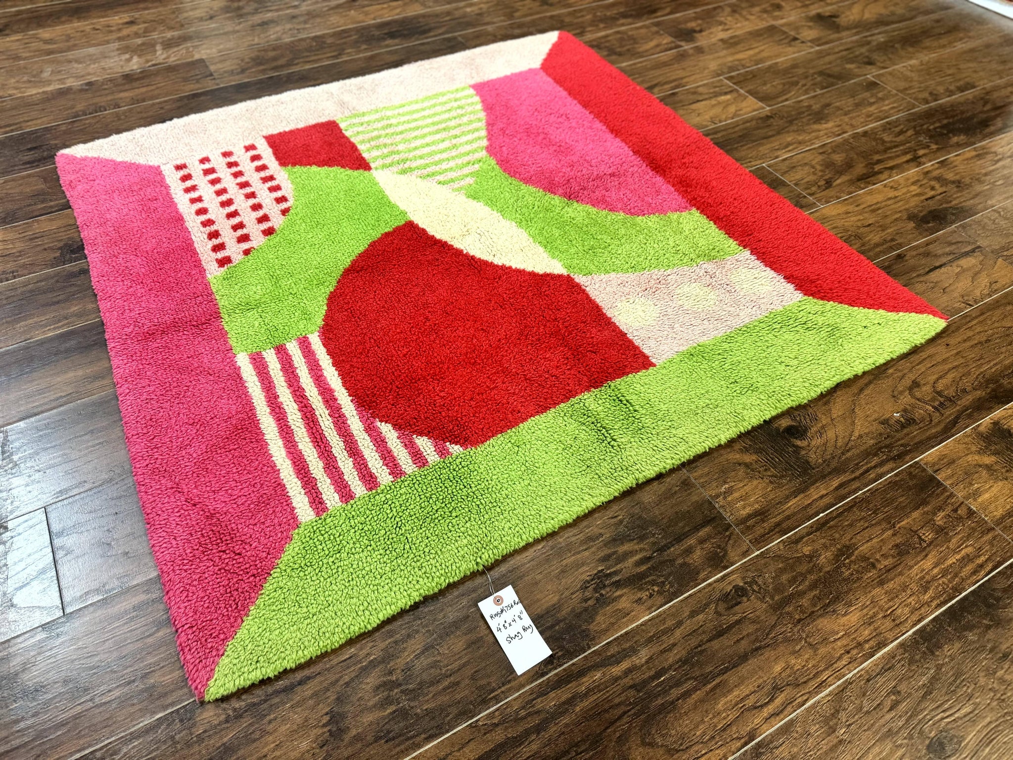 European Shag Rug 4.8 x 4.8, Modern Abstract Design, Green Pink Red, Square Shag Rug, Unique by Jewel Rugs