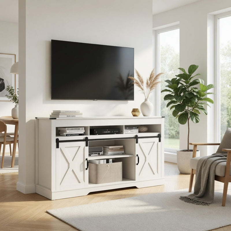 Farmhouse TV Stand With Sliding Barn Doors & Adjustable Storage by HouseOfZazla