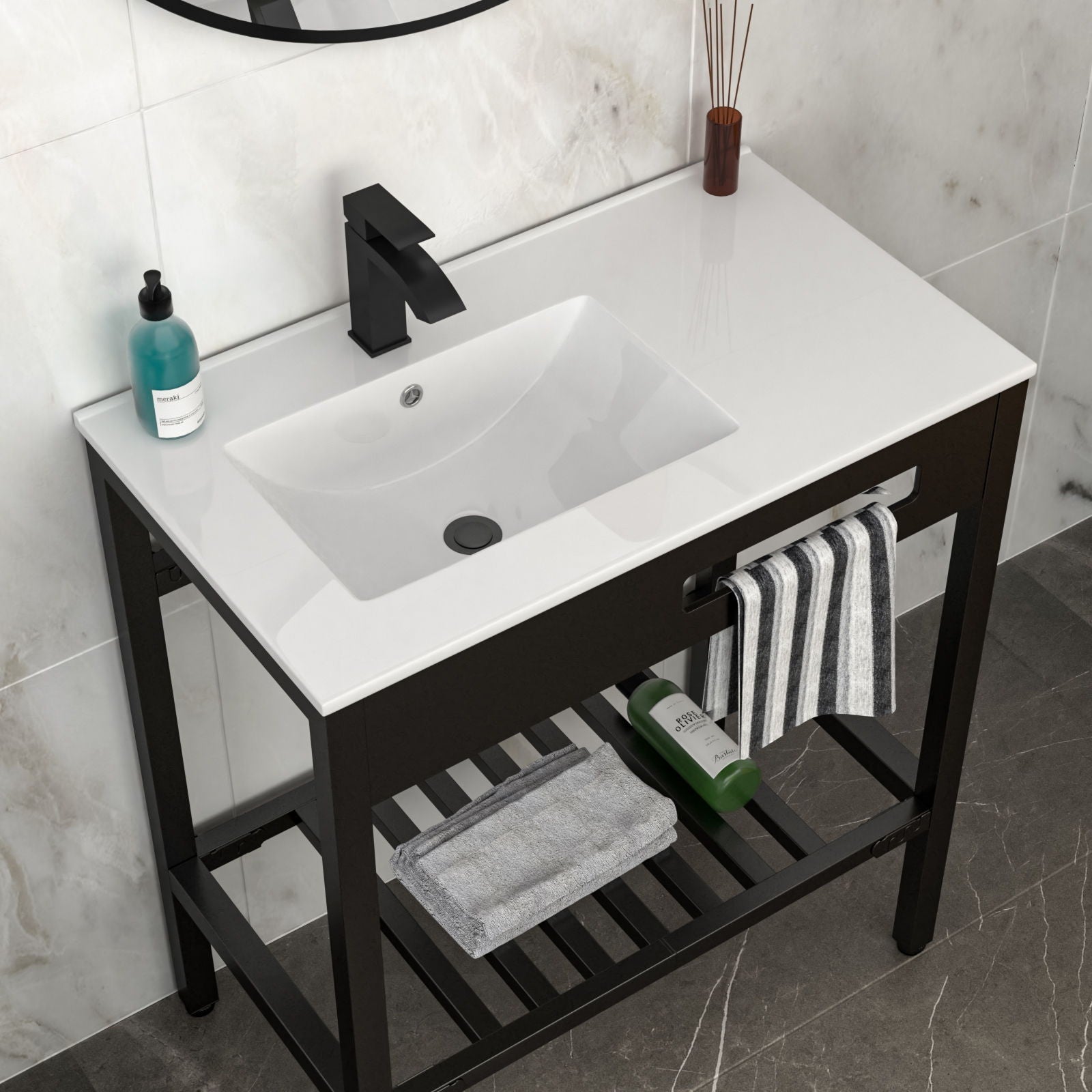 Console Sink With Legs, 32" X 18.5", Durable Porcela With Support - White / Black by HouseOfZazla