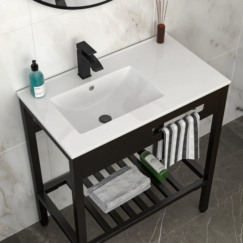 Console Sink With Legs, 32" X 18.5", Durable Porcela With Support - White / Black by HouseOfZazla
