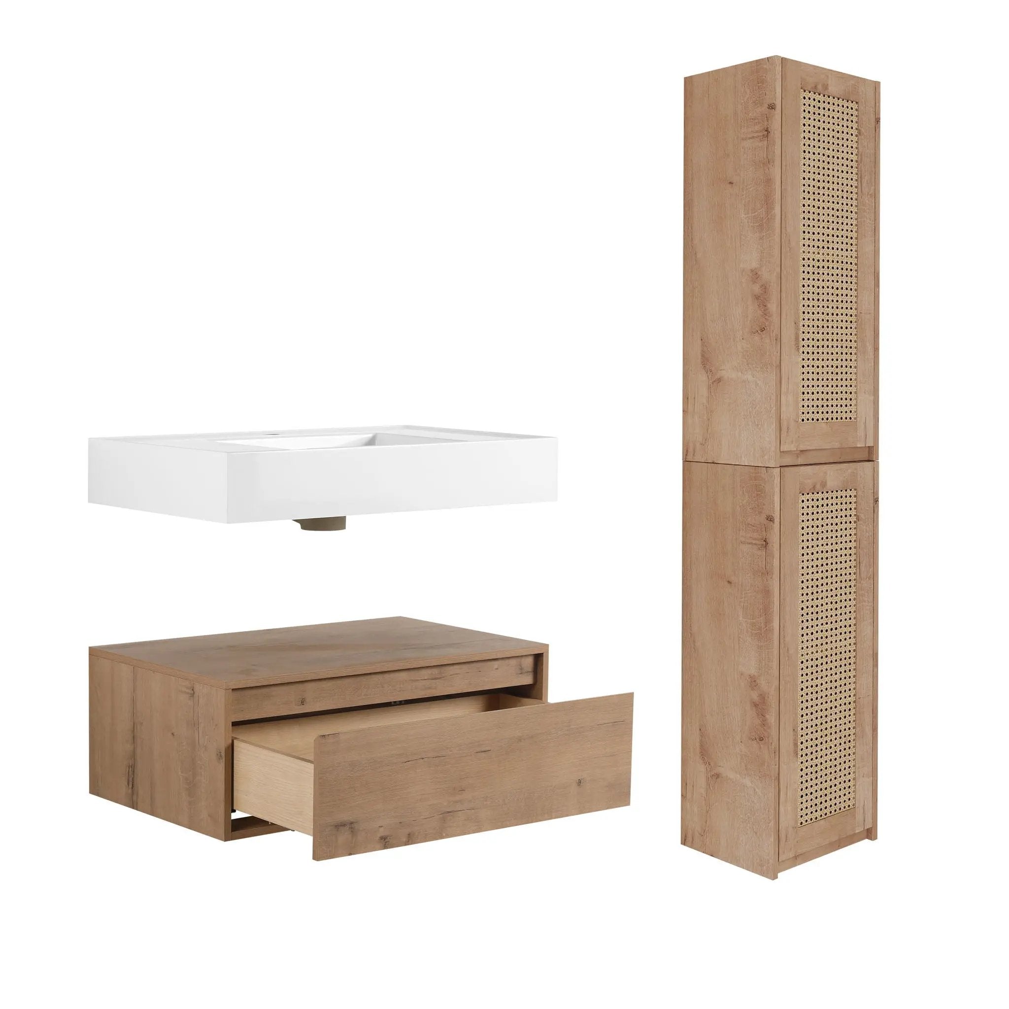 Modern Imitative Wall Mounted Bathroom Vanity With Resin Sink & 2 Side Cabinet, Soft Close Drawer - Imitative Oak by HouseOfZazla