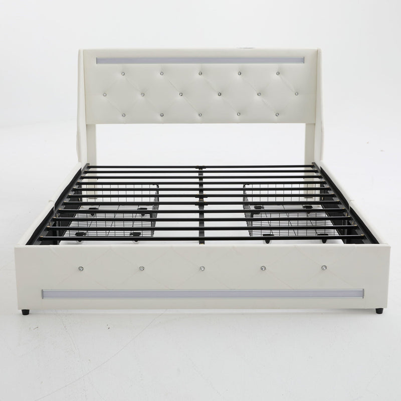 Wingback Upholstered Bed Frame With LED Lights, Charging Station by HouseOfZazla