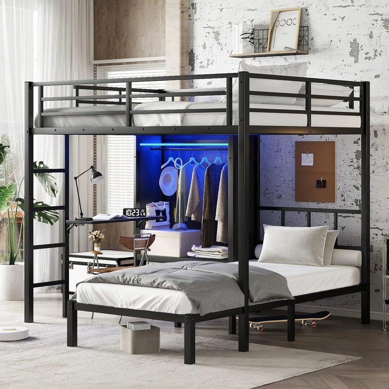 Full XL Over Twin Metal Bunk Bed with Folding Desk and Closet by HouseOfZazla