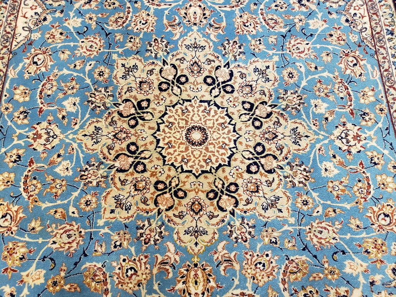 Persian Isfahan Rug, Kork Wool on Silk Foundation, Sky Blue, Hand-Knotted, 5' 1" x 7' 8" by Jewel Rugs