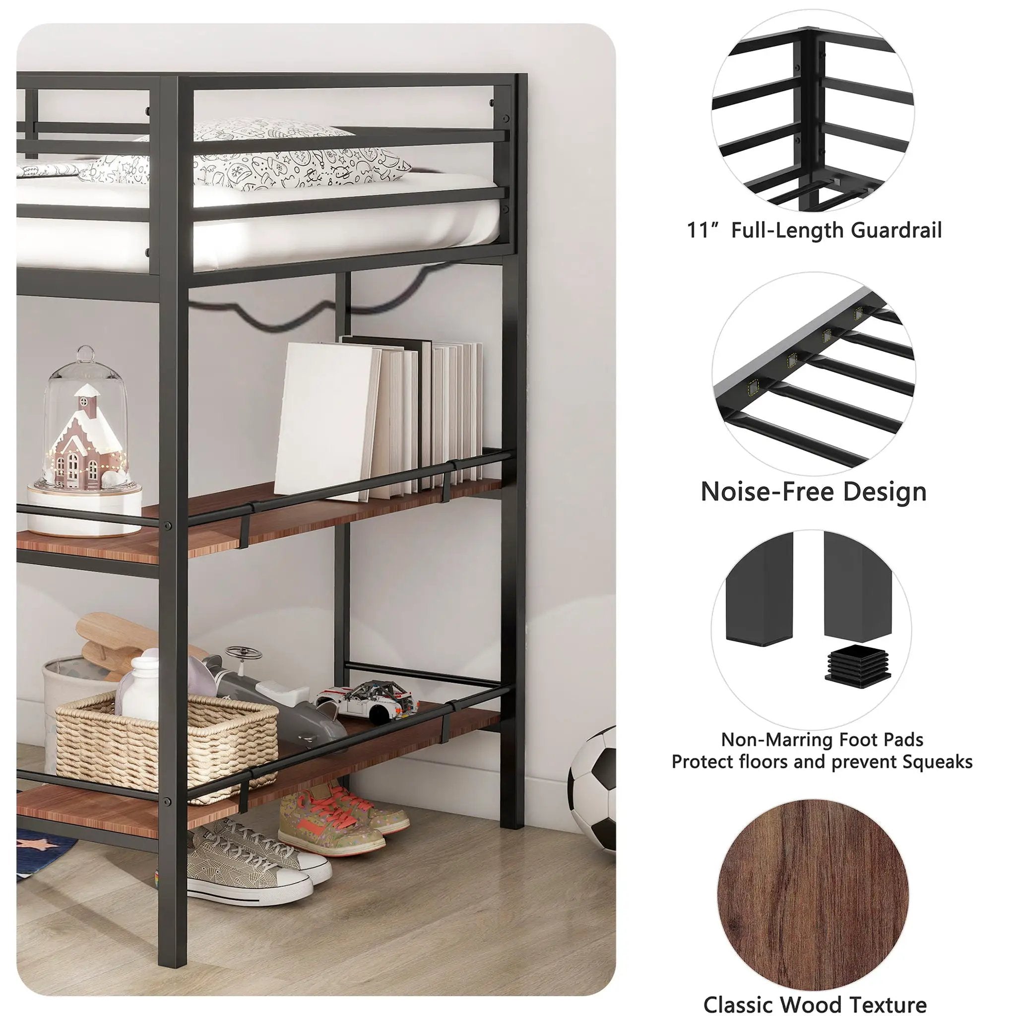 Adam - Twin Loft Bunk Bed With Cinnamon Wood Shelf - Black by Unique Piece Furniture