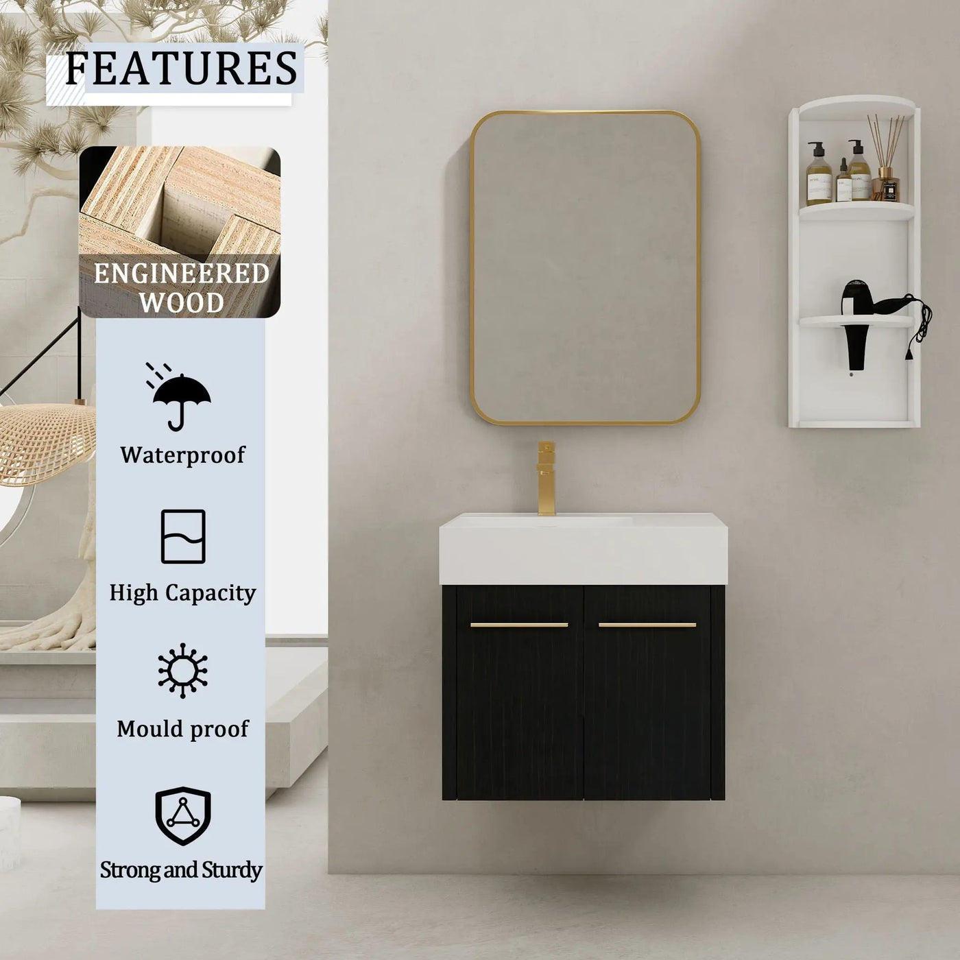 Modern Wall Mounted Bathroom Vanity With Thick Edge Resin Sink And Storage Rack by Unique Piece Furniture