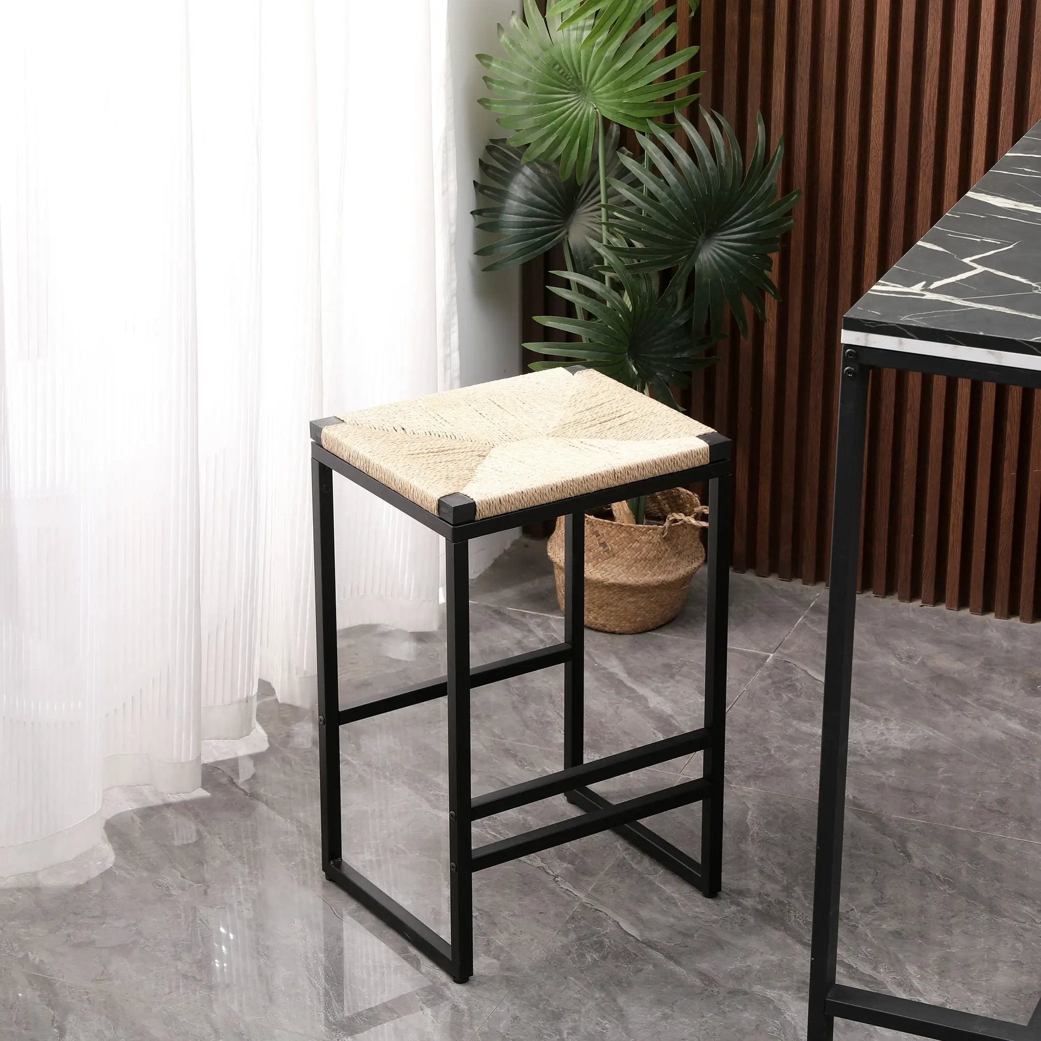 Boho Style Backless Bar Stools (Set of 2) With Paper Rope Woven Seat & Metal Frame For Kitchen Counter by HouseOfZazla