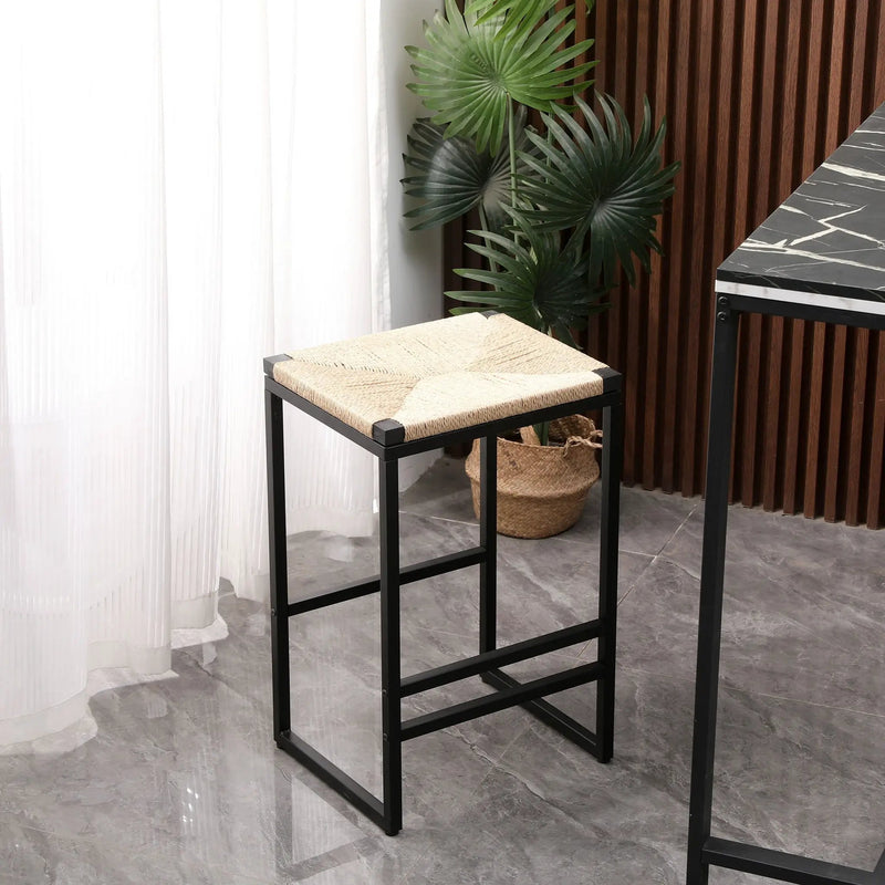 Boho Style Backless Bar Stools (Set of 2) With Paper Rope Woven Seat & Metal Frame For Kitchen Counter by Unique Piece Furniture