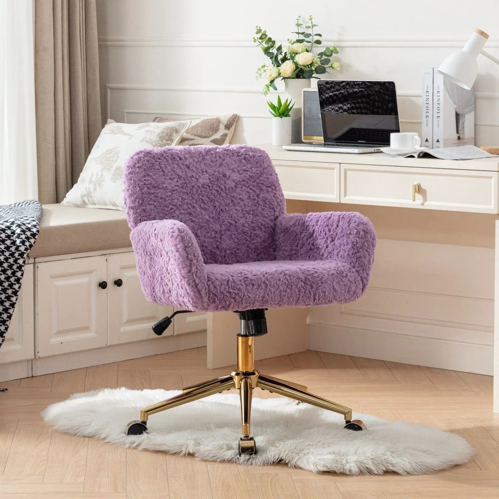 Office Chair, Artificial Rabbit Hair Home Office Chair With Metal Base, Adjustable Desk Chair Swivel Office Chair, Vanity Chair by HouseOfZazla