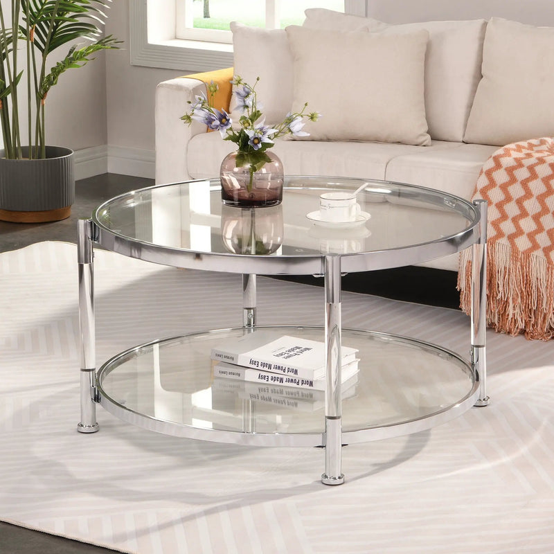 Contemporary Acrylic, Coffee Table, Round Tempered Glass Coffee Table - Chrome / Silver by HouseOfZazla
