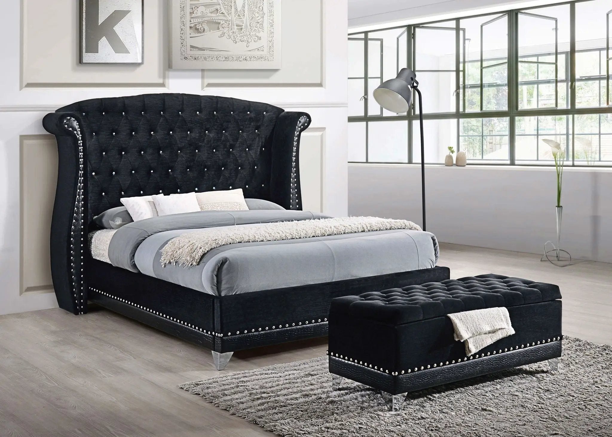 Barzini Velvet Upholstered Tufted Storage Bench Black by Unique Piece Furniture