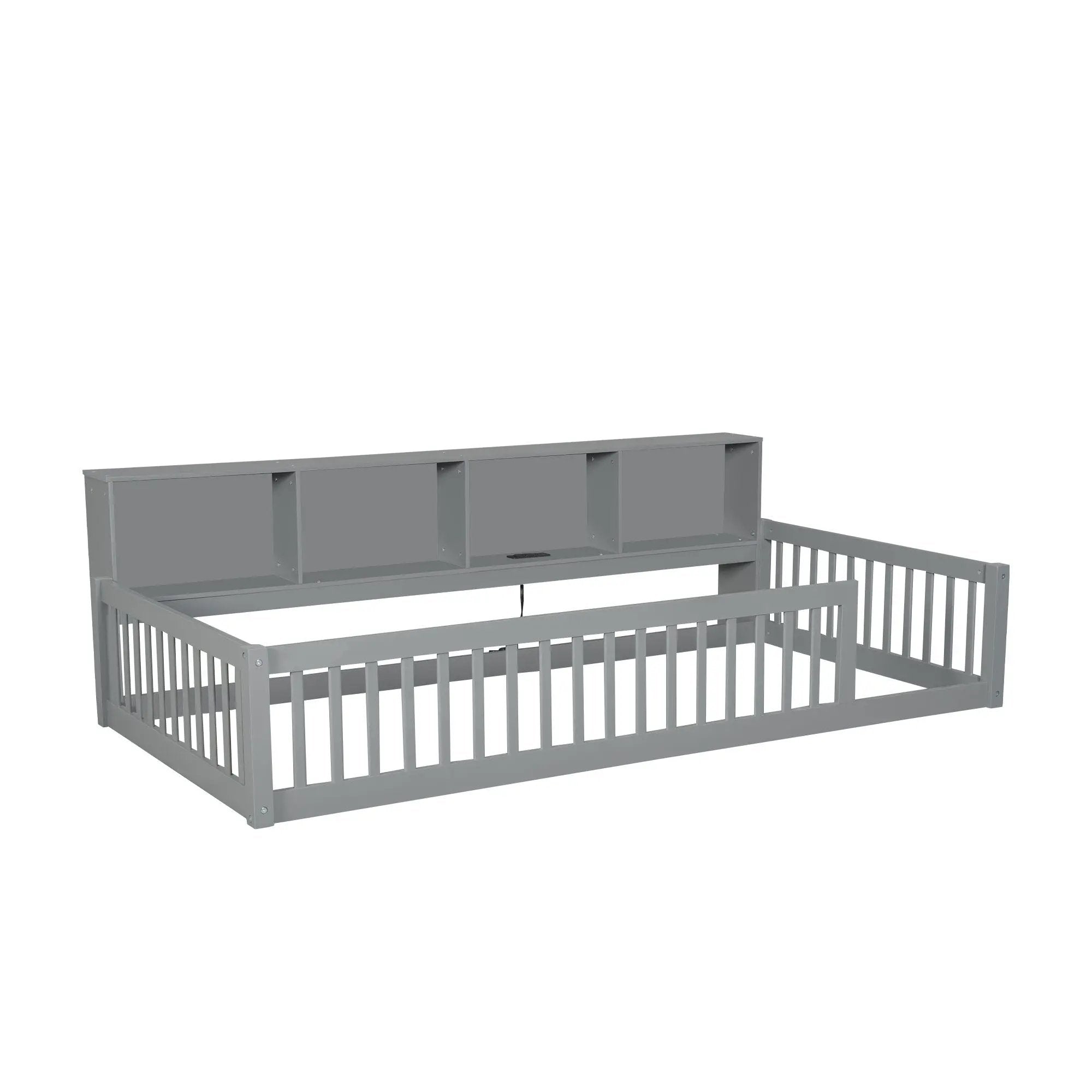 Twin Long Floor Bed With Storage Cabinets And USB Ports - Gray by HouseOfZazla