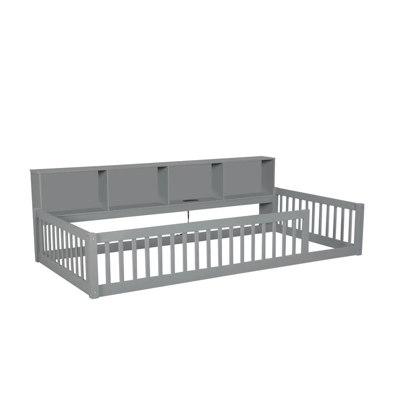 Twin Long Floor Bed With Storage Cabinets And USB Ports - Gray by HouseOfZazla