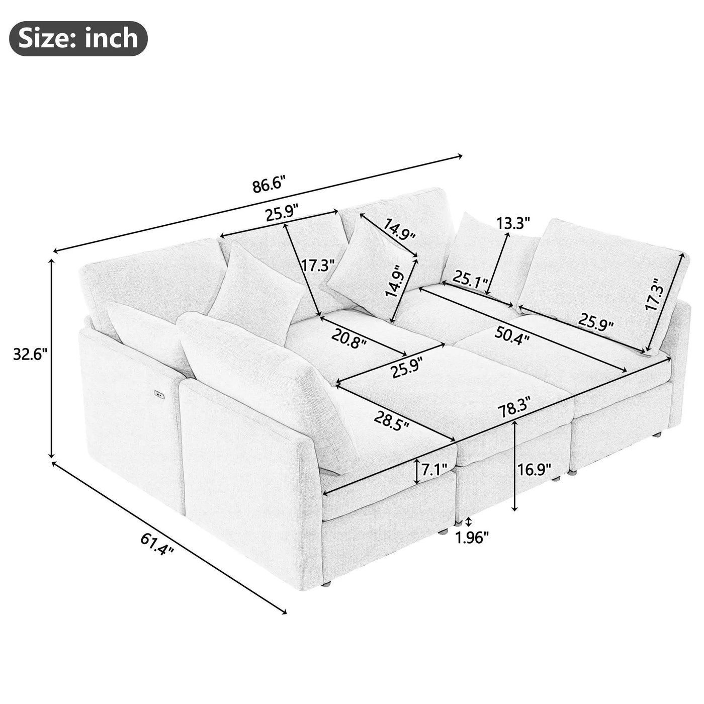 Sectional Sofa Modular U-Shaped With Ottoman & USB Ports by Unique Piece Furniture