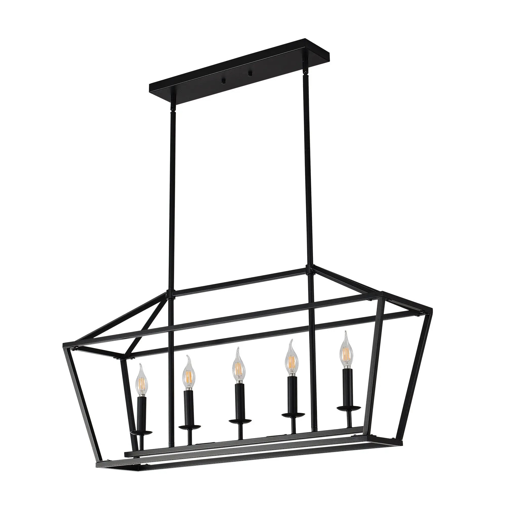 5 Light Farmhouse Kitchen Island Lighting, 5 Light Industrial Linear Chandelier For Dining Room Metal Hanging Pendant Light Fixture For Bedroom Living Room Hallway Conference Room - Matte Black by HouseOfZazla