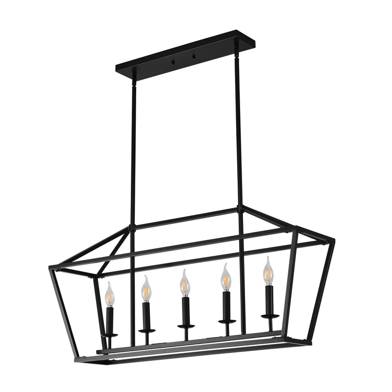 5 Light Farmhouse Kitchen Island Lighting, 5 Light Industrial Linear Chandelier For Dining Room Metal Hanging Pendant Light Fixture For Bedroom Living Room Hallway Conference Room - Matte Black by HouseOfZazla
